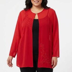 Montee Collection Red Floral Embroidered Open Front Blouse Plus Size 22W
